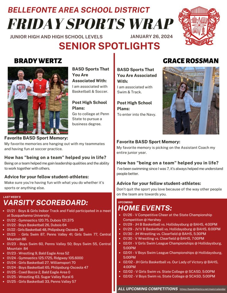 Please enjoy today's Friday Sports Wrap newsletter for January 26! Today's newsletter features senior student-athletes: Brady Wertz and Grace Rossman.