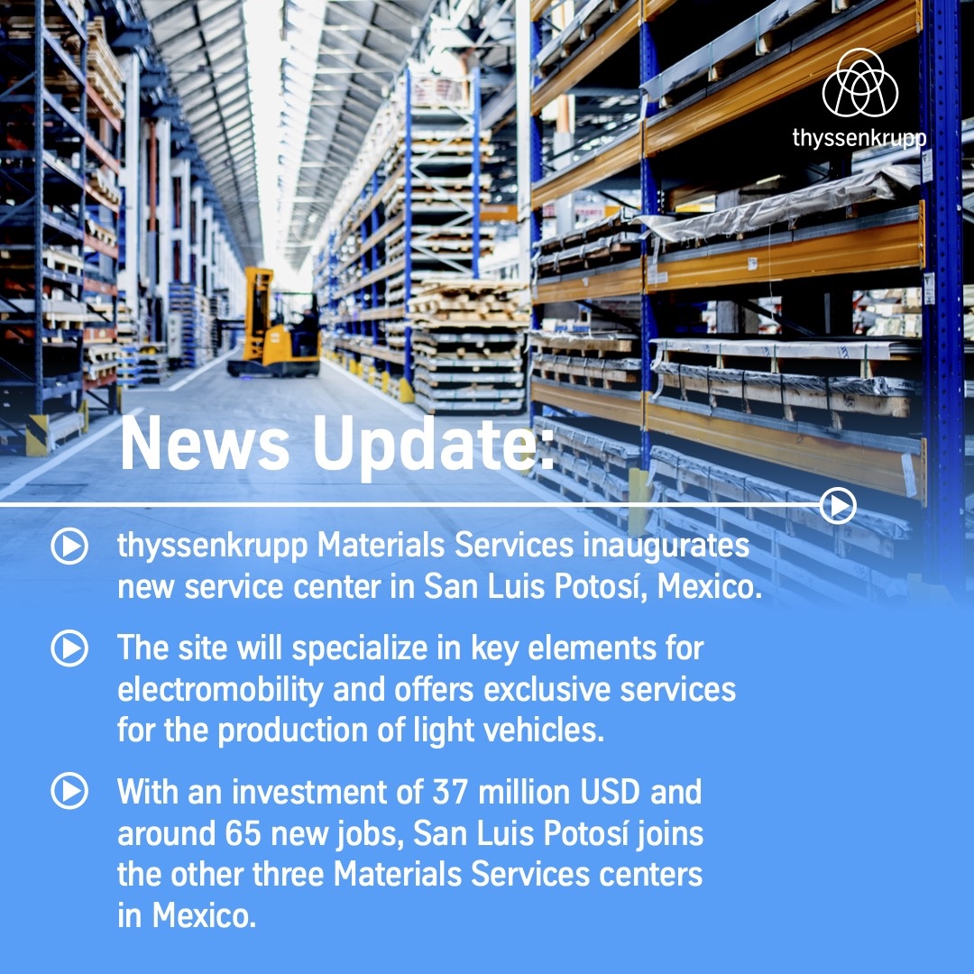 thyssenkrupp_en's tweet photo. For the green transformation of the #automotive industry: Today, thyssenkrupp Materials Services opened a new service center for key elements of #electromobility and the production of #lightvehicles in San Luis Potosí, Mexico! 🚘💪 https://t.co/VXvedFb1eM https://t.co/np07KsBbfL