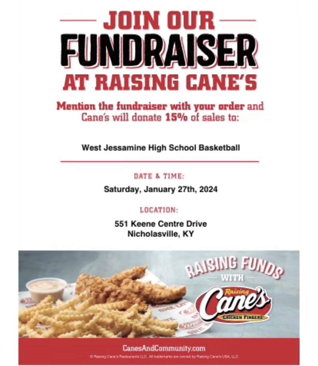 Support your Colts this Saturday by visiting Raising Cane’s, located at 551 Keene Centre Dr Nicholasville. 
Mention this fundraiser and Cane’s will donate 15% of sales to our basketball program.  

Thank you for your support!