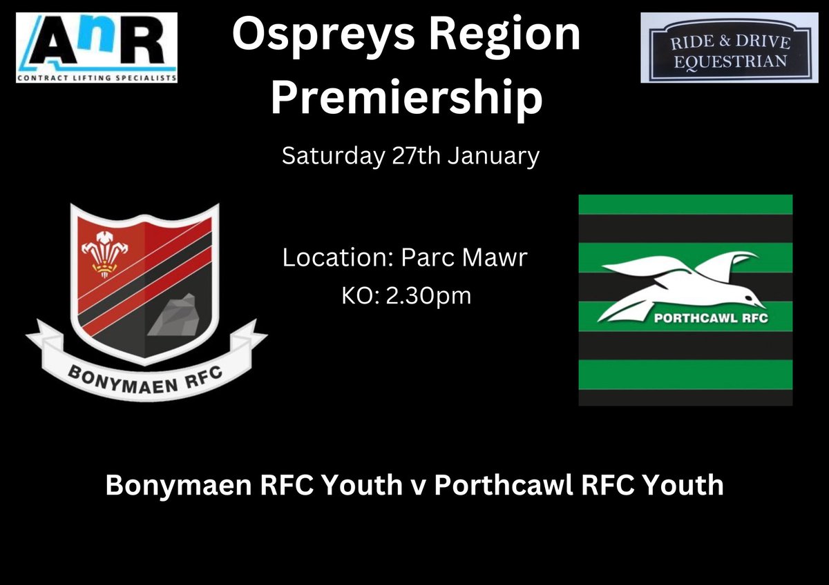 🔴⚫️Saturday 27th January🔴⚫️

Get up top and support while our Youth play <a href="/porthcawlrfc/">porthcawlrfc</a> Youth in the Premiership.

KO - 2:30pm🔴⚫️