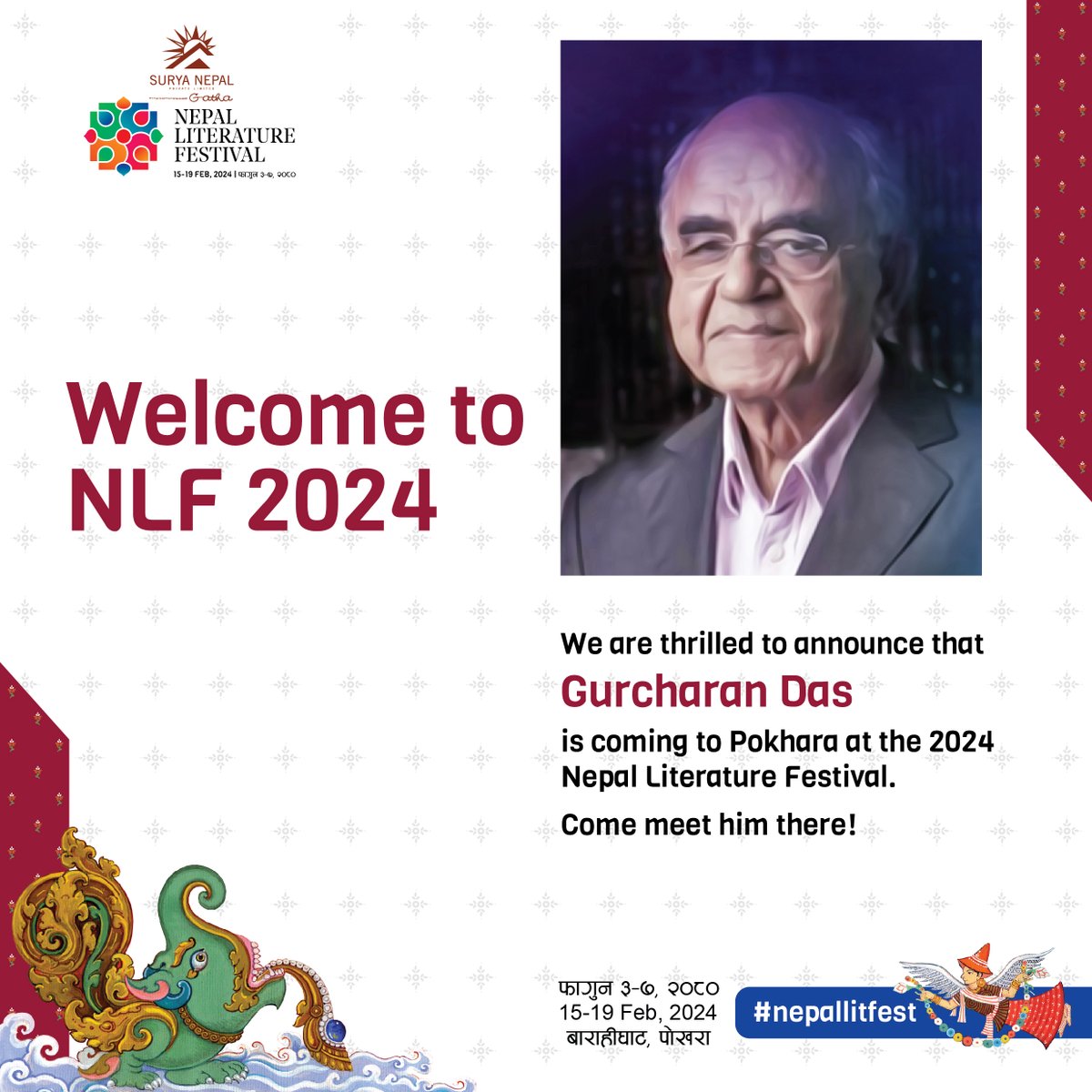 Nepallitfest's tweet photo. You guessed it right!  

We are thrilled to announce that @gurcharandas is coming to Pokhara at the 2024 Nepal Literature Festival. We heartily welcome you to come meet him there. https://t.co/VnosYNEAiQ