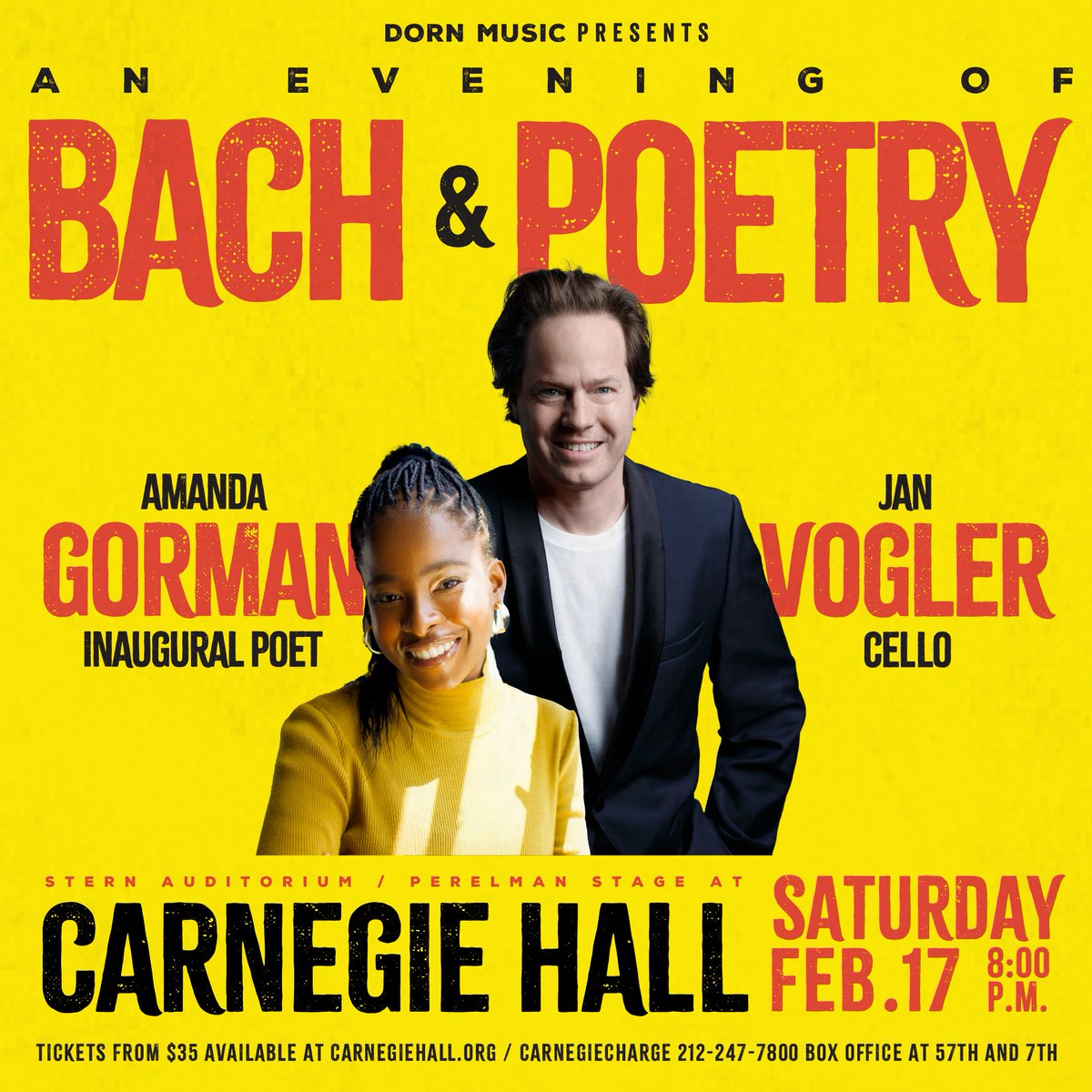 Experience an evening of Bach's most famous cello suites combined with the spoken word poetry of a bestselling author as Jan Vogler and Amanda Gorman take the stage at @carnegiehall on February 17th! For tickets, visit: carnegiehall.org/Calendar/2024/…