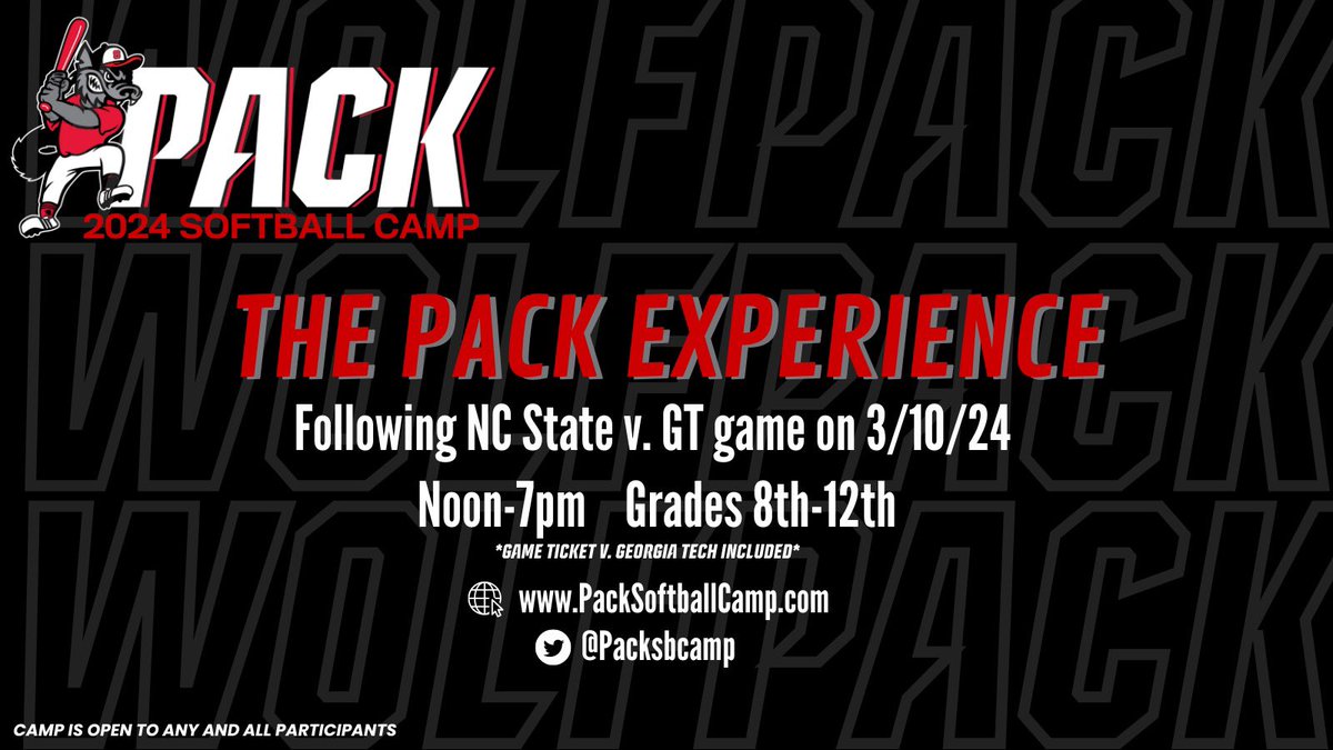 A one time opportunity you do not want to miss… Come see what it’s like to be a part of the Pack and experience game day at NC State! *limited to 30 participants spots will go fast* packsoftballcamp.com