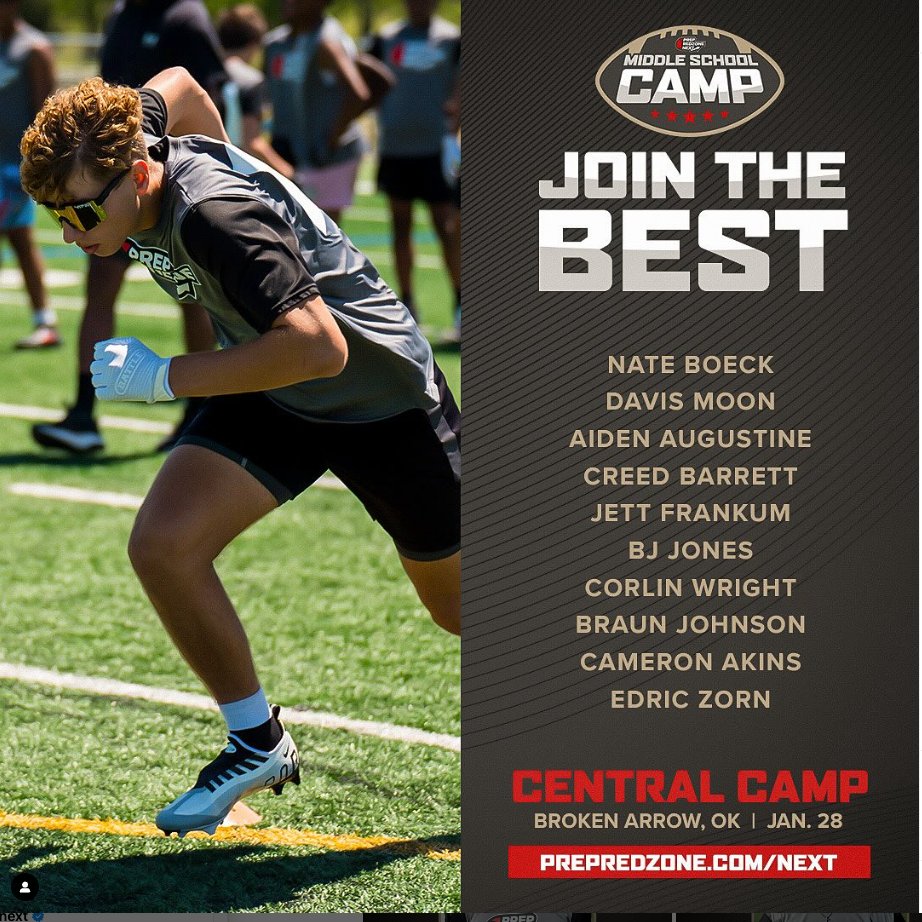 Our LAST Prep Redzone Next Middle School Camp of the Winter SZN is this Sunday in Oklahoma.

🚨You CAN register in person at camp🚨

Details: prepredzone.com/next/events/

🔳Athletes from7⃣different states signed up
🔳Reigning MVP's returning from camp last yr.