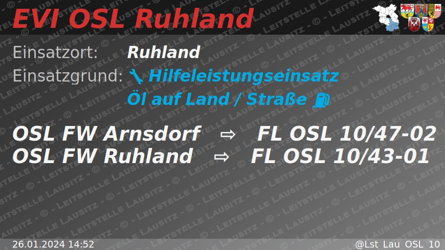 🚨 26.01.2024 14:52 ⛽ 🌍 H:Öl-Land 🌐 Ruhland 🚒 ⇨ FW Arnsdorf, FW Ruhland wachalarm.leitstelle-lausitz.de/dbrd/0b19f1df-…
