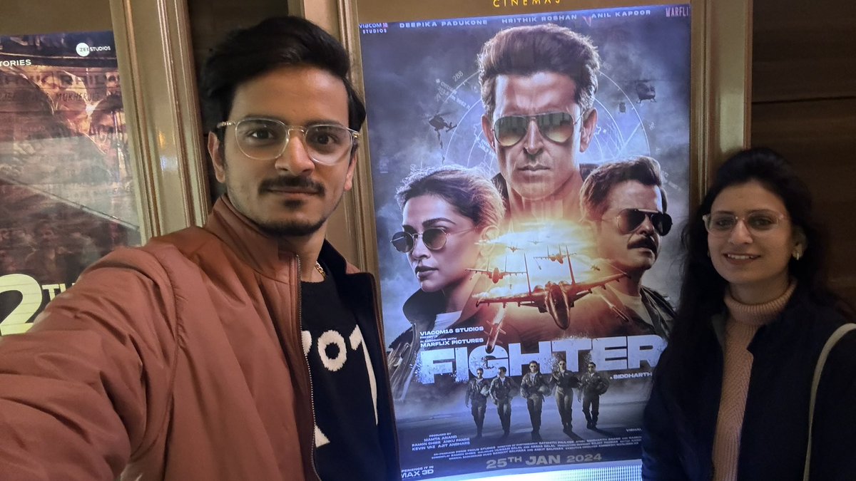 imadhuram's tweet photo. First @iHrithik  movie after Marriage in theatre with my forever ❤️#RadhikaSeth #Fighter 

The smile says all how excited i am @iHrithik 🇮🇳 Jai Bharat ! 

#FighterMovie #FighterContest #BeAfighter 
@iHrithik @HrithikRules https://t.co/GgWMqQGIsr