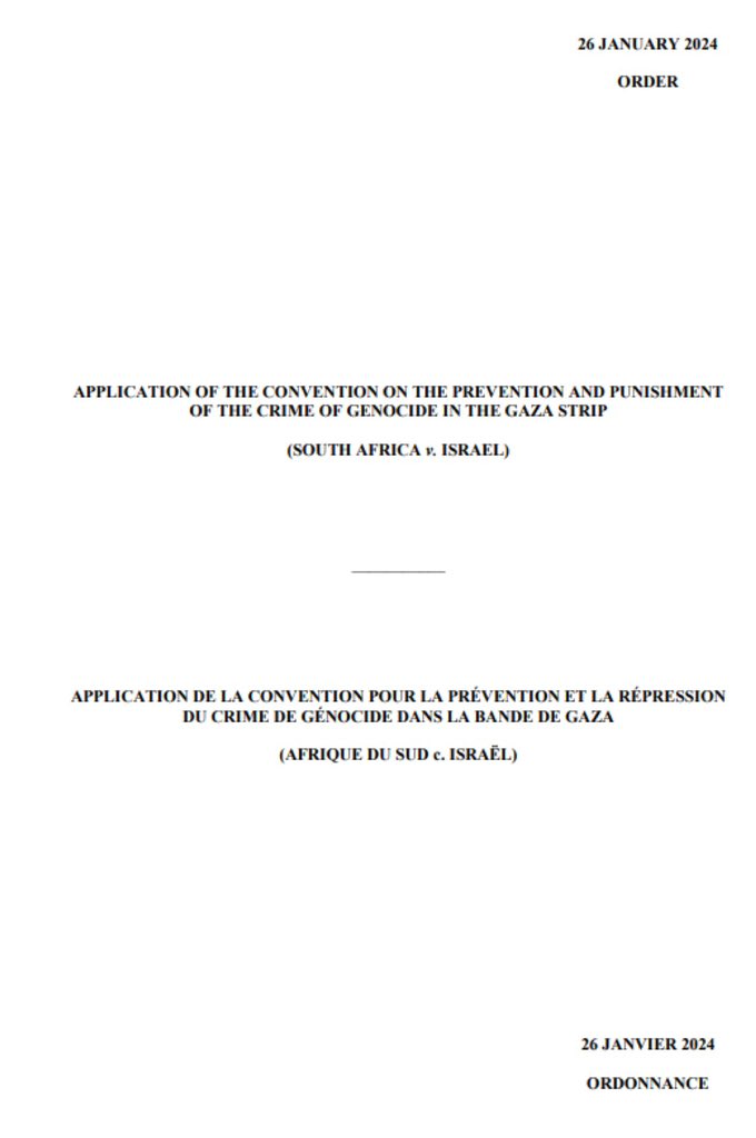 FULL TEXT: #ICJ Order indicating provisional measures in the case concerning Application of the Convention on the Prevention and Punishment of the Crime of Genocide in the Gaza Strip (#SouthAfrica v. #Israel) tinyurl.com/3kp4uypn