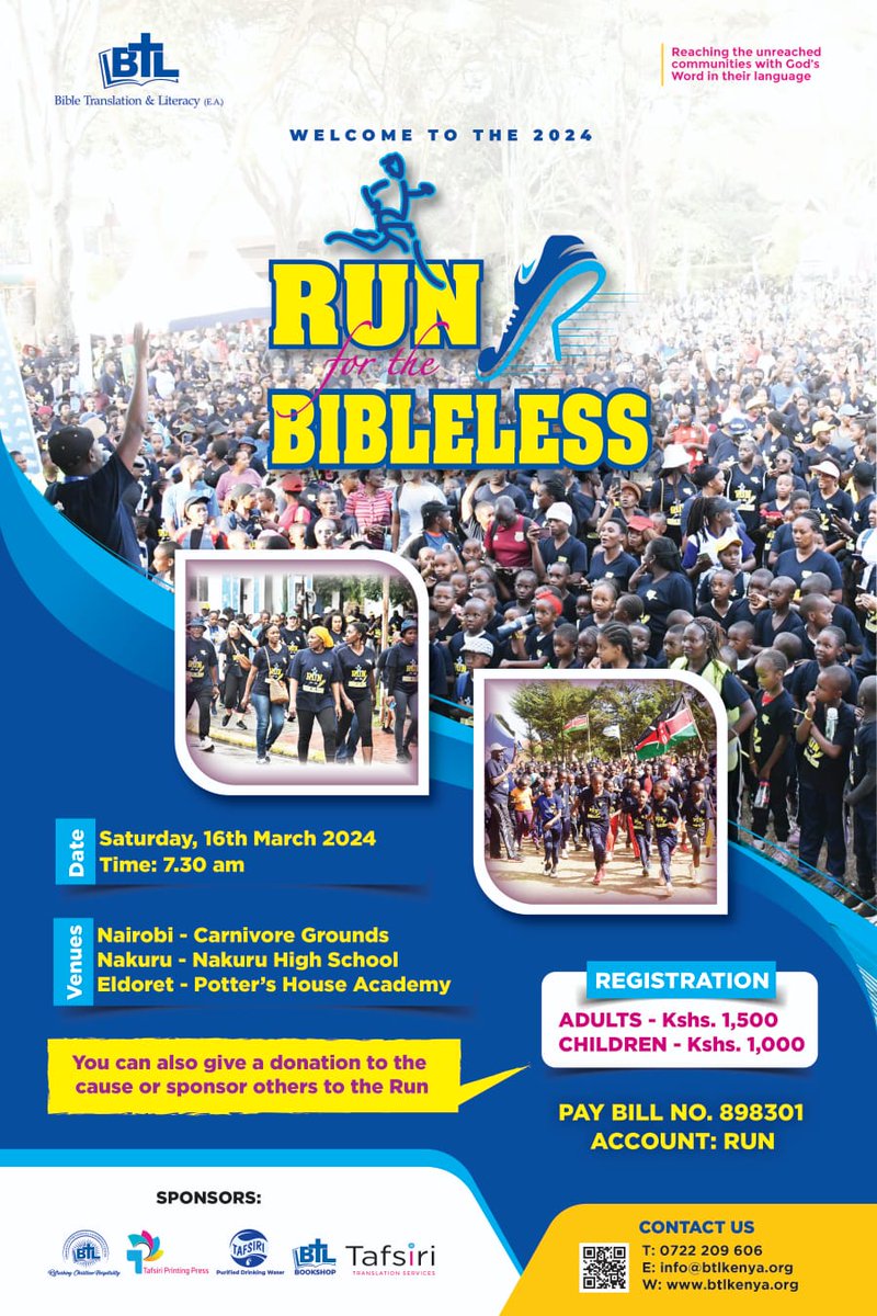 BTL_EA's tweet photo. #feelgoodfriday: Join us in the 17th edition of the Annual Run For The Bibleless (RFTB) on March 16, 2024. Let's bring God's Word to the unreached communities in their language!

Register now!!
#runforthebiblelesss2024 #march16 #nairobi #nakuru #eldoret #tujitokezewapateword. https://t.co/HHLJVyk1Iw