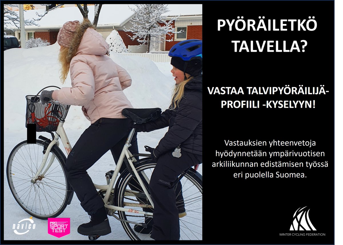 Pyöräilijät hoi! Talvipyöräilijä-kyselyllä kartoitetaan ympärivuotista pyöräilyä ja tuloksia hyödynnettään arkiliikunnan edistämiseen koko Suomessa. Kysely on avoinna 31.1. saakka ➡️form.typeform.com/to/PuJh0gL1
#pyöräily #arkiliikunta