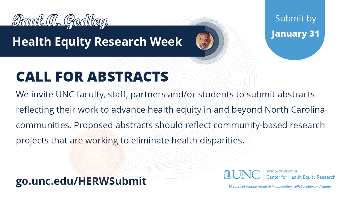 UNC-Chapel Hill researchers: are you trying to understand, address or reduce health gaps? Share your work during Health Equity Research Week (HERW)! HERW is March 18-21. 

The call for abstracts is open through January 31. ➡️go.unc.edu/HERWSubmit

#HERW2024 #HealthEquity