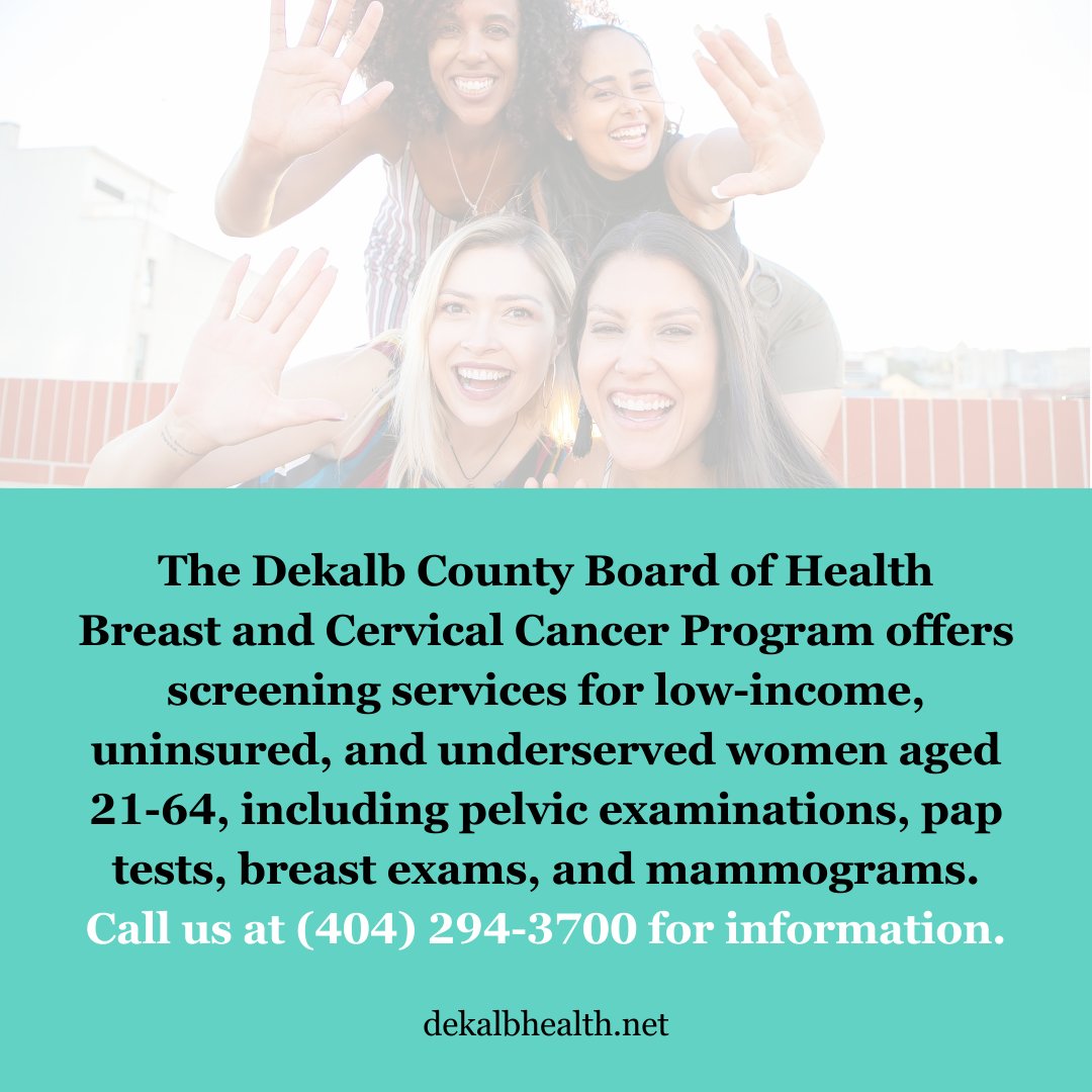 HealthyDeKalb's tweet image. The DeKalb County Board of Health Breast and Cervical Cancer Program offers screening services for low-income, uninsured, and underserved women aged 21-64, including pelvic examinations, pap tests, breast exams, and mammograms.
 #BCCP #cervicalcancerawarenessmonth