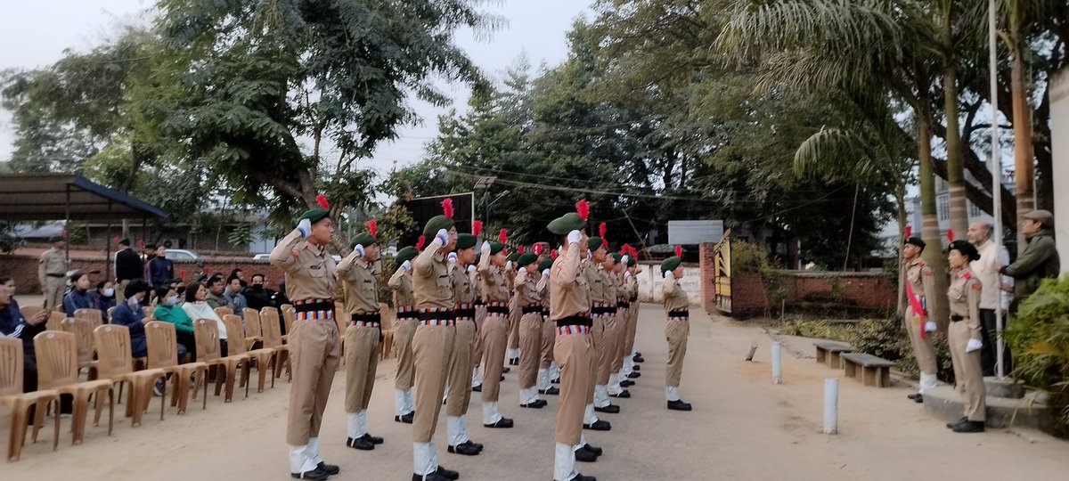 DimapurCollege's tweet photo. College proudly celebrates 75th Republic Day with flag hoisting, honored by the principal's guard of honour. Students and faculty join in a disciplined parade led by DGC, NCC cadets, symbolizing unity and patriotism. #RepublicDay #CollegeCelebration https://t.co/HcCfFbEURO