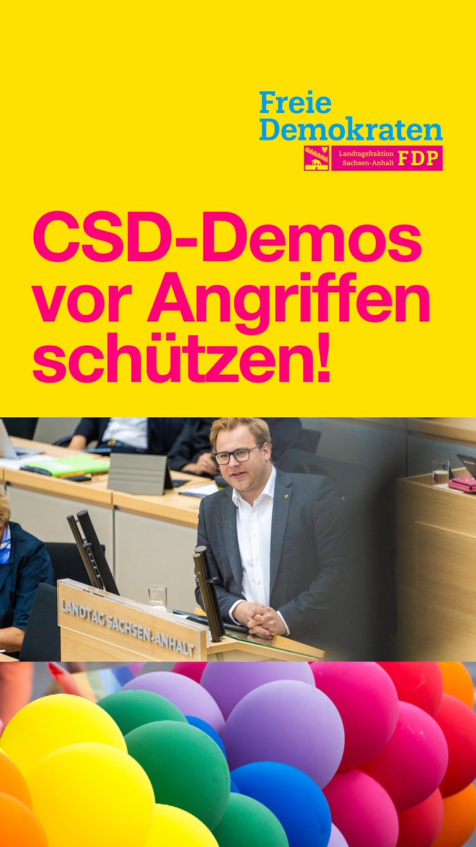 fdpfraktionlsa's tweet photo. Debatte um #CSD-Demos in #SachsenAnhalt im #ltlsa. @KonstantinPott (#FDP) hebt den notwendigen Schutz der Veranstaltungen vor Angriffen hervor. 🏳️‍🌈 https://t.co/DOVoFyEHOv