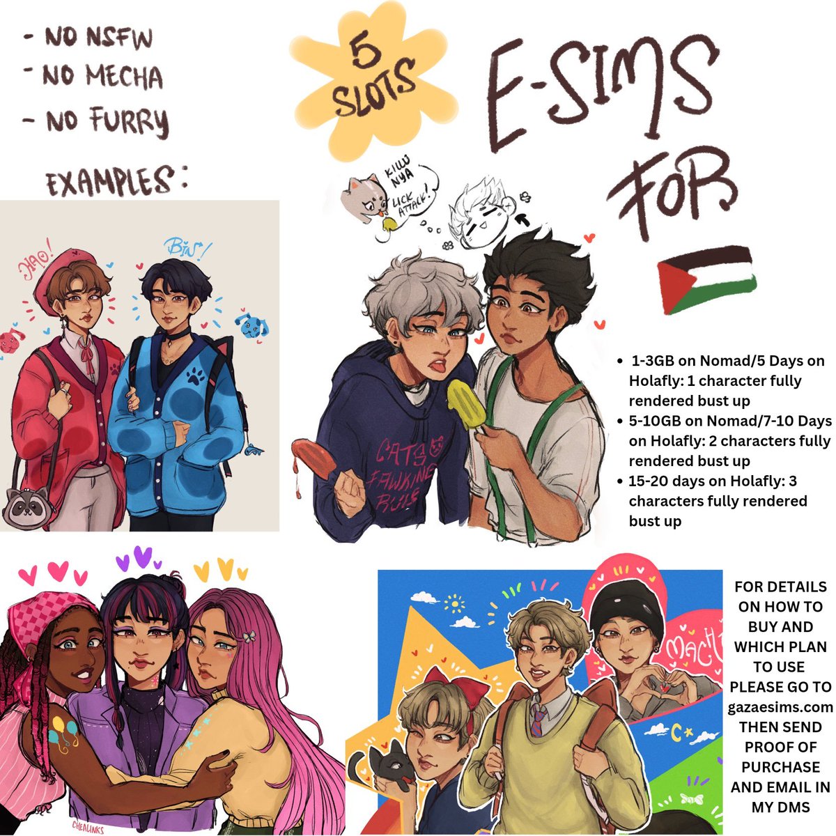 Chealinks's tweet photo. (RTs appreciated)

Hello I'm opening 5 slots for drawings in exchange for esim donations for gaza, if interested, please dm me proof of purchase + twt username and screenshot of email sent to gazaesims' email. Step by step details on how to donate esims: https://t.co/EsNd1Tzv5P https://t.co/qZ9DnnxaHR