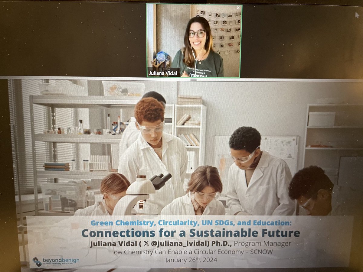 ⁦@juliana_lvidal⁩ from ⁦⁦⁦@beyondbenign⁩ now live talking about connections for a sustainable future #greenchemistry #cheminar ⁦@thiemechemistry⁩ #suscircnow #circulareconomy You can still contact us and register to receive the video recording.