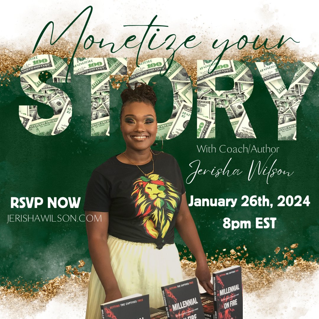 IT'S FRIDAY!!!
Join me tonight to learn more about how to monetize your personal stories or experiences. 

RSVP TODAY: jerishawilson.com/event-details/…

#MonetizeYourStory #TellYourStory #MentalHealthAdvocate #ChristianAuthor #CoachJerisha #SelfCareAdvocate
