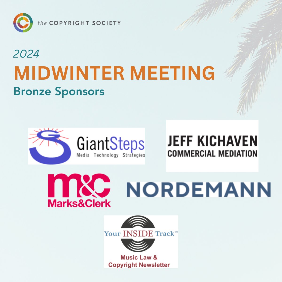 Copyright Society (@copyrightsoc) on Twitter photo Thanking our Bronze Sponsors for enriching the 2024 Midwinter Meeting: GiantSteps (<a href="/copyrightandtec/">Bill Rosenblatt</a>), <a href="/JeffKichaven/">Jeff Kichaven</a>, <a href="/marksandclerk/">Marks & Clerk</a>, Nordemann, and <a href="/YrInsideTrack/">YourInsideTrack</a>.
#CopyrightMW #CopyrightSociety Thanking our Bronze Sponsors for enriching the 2024 Midwinter Meeting: GiantSteps (<a href="/copyrightandtec/">Bill Rosenblatt</a>), <a href="/JeffKichaven/">Jeff Kichaven</a>, <a href="/marksandclerk/">Marks & Clerk</a>, Nordemann, and <a href="/YrInsideTrack/">YourInsideTrack</a>.
#CopyrightMW #CopyrightSociety