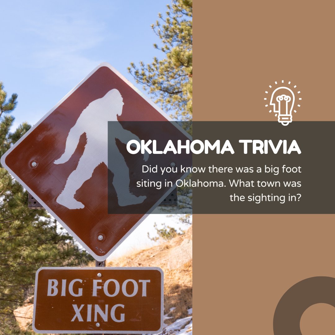 🌟🤔 Attention Oklahoma trivia fans! ✨🗺️ We've got a puzzler for you today. Can you guess which town in our lovely state had a reported Bigfoot sighting? 🌳👣 Reply with your guess and let's see who's up to the challenge! 🧠💡 #OklahomaTrivia #BigfootSighting #GuessTheTown