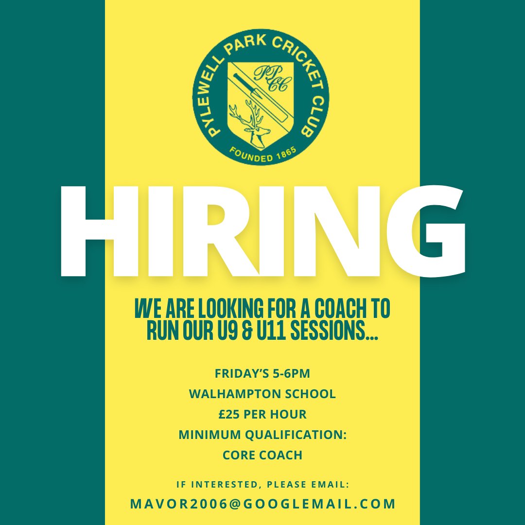 Coach vacancy 🚨

<a href="/pylewellcricket/">pylewellcricketclub</a> are looking for a coach to run their U9 and U11 training sessions ‼

The sessions will take place every Friday from 5-6pm at Walhampton School 🏏

If interested, please email ⬇

📧 mavor2006@googlemail.com