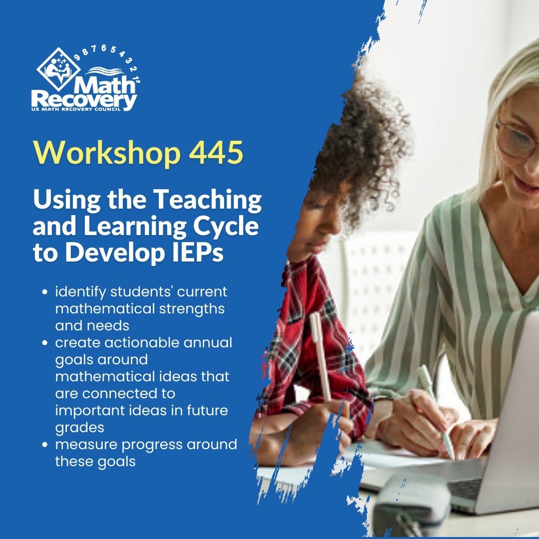 integrowmath's tweet image. The Using the Teaching and Learning Cycle to Develop IEPs workshop is open to those with AVMR 1 or MRSp1 certification.

Learn more and register by Feb. 7 at mathrecovery.org/workshops/445.

#mathrecovery #iteachmath #education #mathteacher #math #mathematics #professionaldevelopment