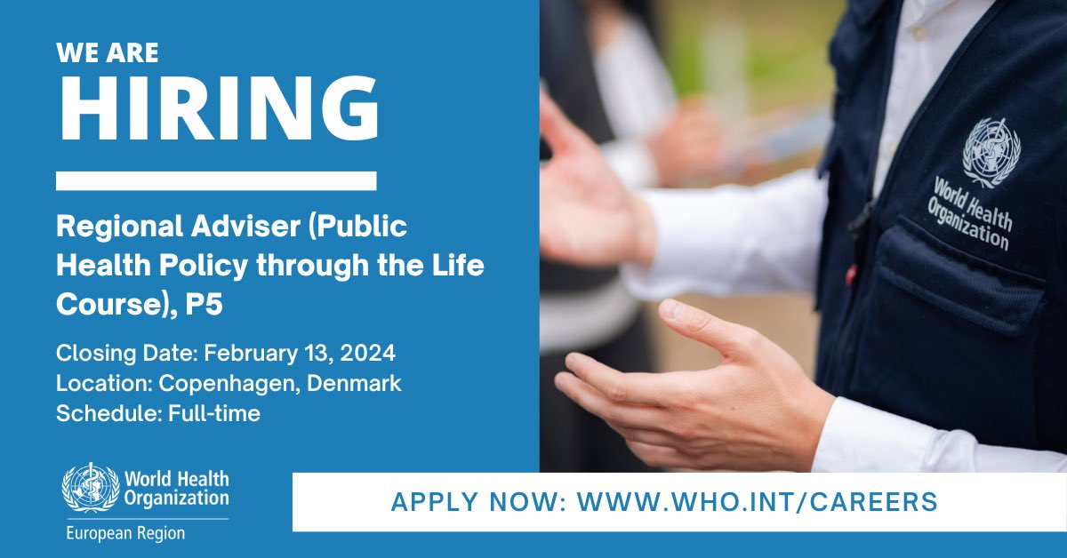 Join my team in Copenhagen 🇩🇰 We’re seeking a Regional Adviser to join our Public Health Policy through the Life Course unit. Are you a public health expert, passionate about shaping health policies and an exceptional team leader?   Apply by 13 Feb: careers.who.int/careersection/…