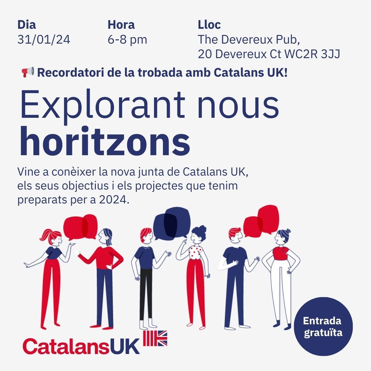 No et perdis la trobada a Londres amb Catalans UK i membres de la comunitat catalana: 🎟️ Registra't ara per assegurar el teu lloc:rb.gy/7f9wi0. Entrada gratuïta 📅 Data: 31 de Gener 2024 ⏰ Hora: 18-20 📍 Lloc: The Devereux Pub, 20 Devereux Ct, Temple, London WC2R 3JJ