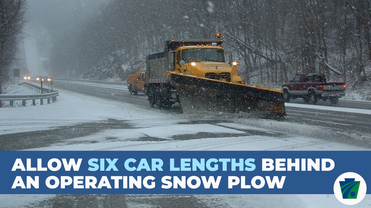 PennDOTNews's tweet photo. See a plow truck on the road? Remember:
•Stay out of its blind spot
•Stay 6 car lengths behind it
•Never pass plows operating side by side
•Safely move away from centerline when approaching head-on
More: https://t.co/FEhfgPx3Ud. #PAWinter #WinterDrivingAwarenessWeek https://t.co/crFvGUPfvN