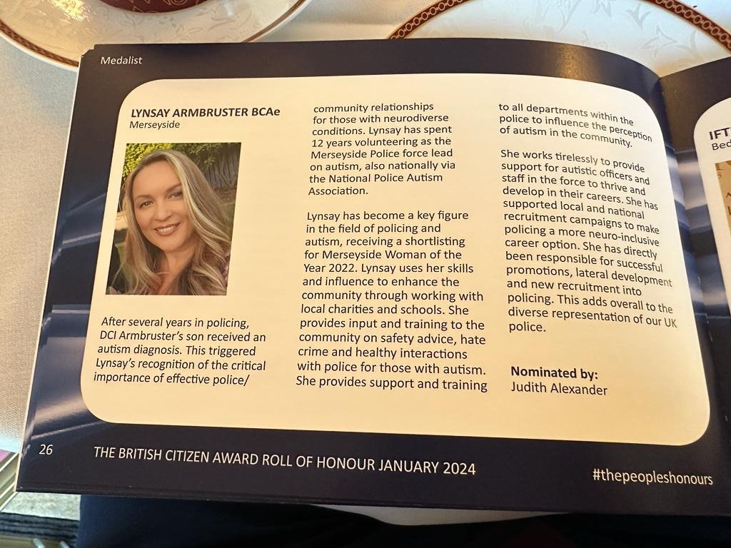 DCI Lynsay Armbruster (@merseysidenpaa) on Twitter photo Sadly I was too unwell to attend last week but I sent my lovely family to collect on my behalf. Thank you for this honour I really do this to make the world a little better for autistic people inspired my beautiful eldest boy #thepeopleshonours so this one is for him Sadly I was too unwell to attend last week but I sent my lovely family to collect on my behalf. Thank you for this honour I really do this to make the world a little better for autistic people inspired my beautiful eldest boy #thepeopleshonours so this one is for him