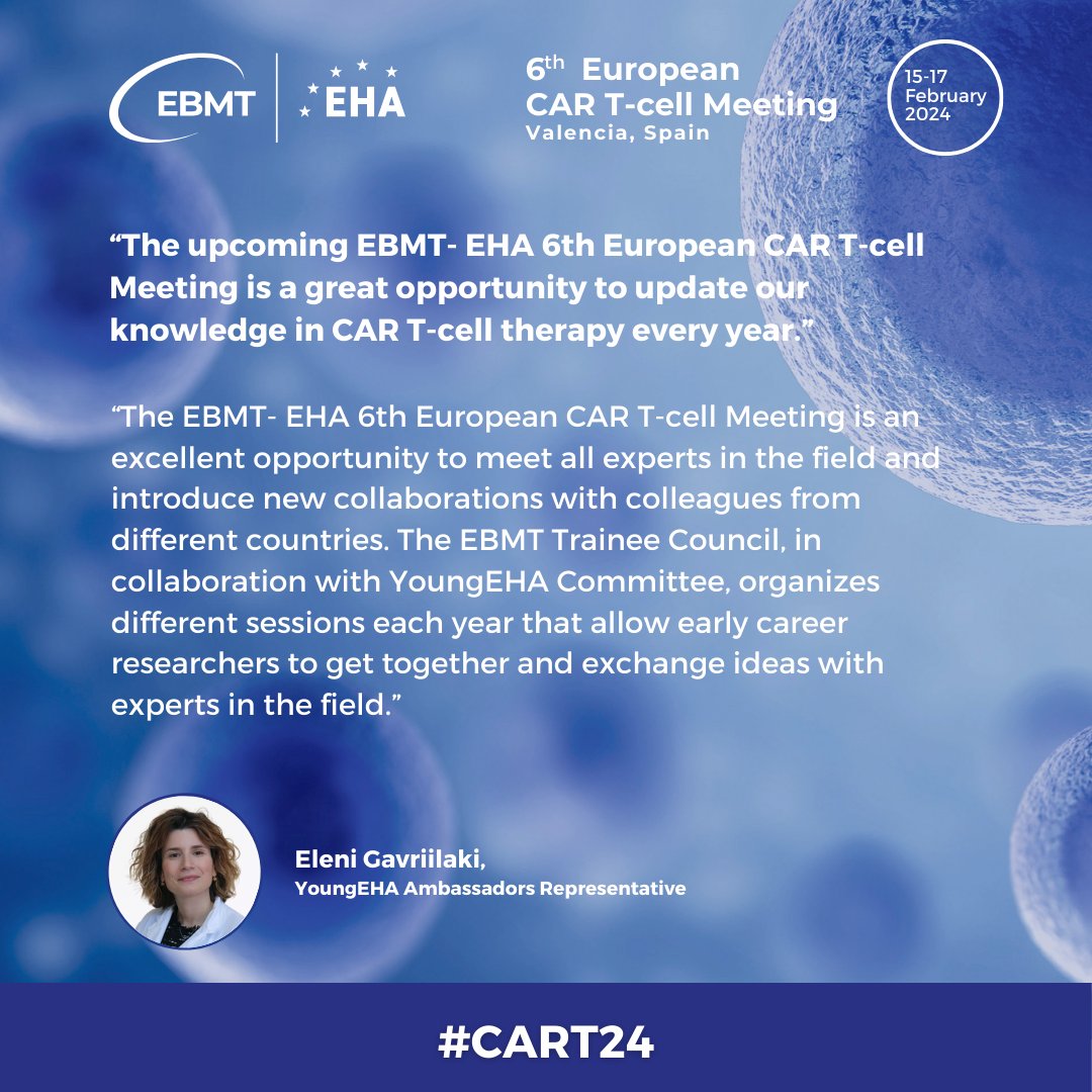 Join @TheEBMT and @EHA_Hematology at the forefront of #CART at the 6th European CAR T-cell Meeting. 🧐 Catch a glimpse of what @elenicelli, YoungEHA Ambassadors Representative, is expecting at #CART24. Uncover her insights and secure your spot ⬇️ ebmt.org/events/ebmt-eh…