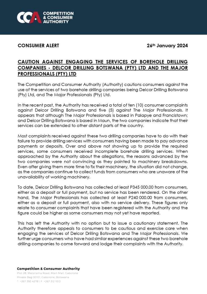 CCABotswana's tweet photo. CONSUMER ALERT: Caution against engaging the services of borehole drilling companies - Delcor Drilling Botswana (Pty) Ltd and the Major Professionals (Pty) Ltd #CCAConsumerAlert https://t.co/XB55XPyOK9