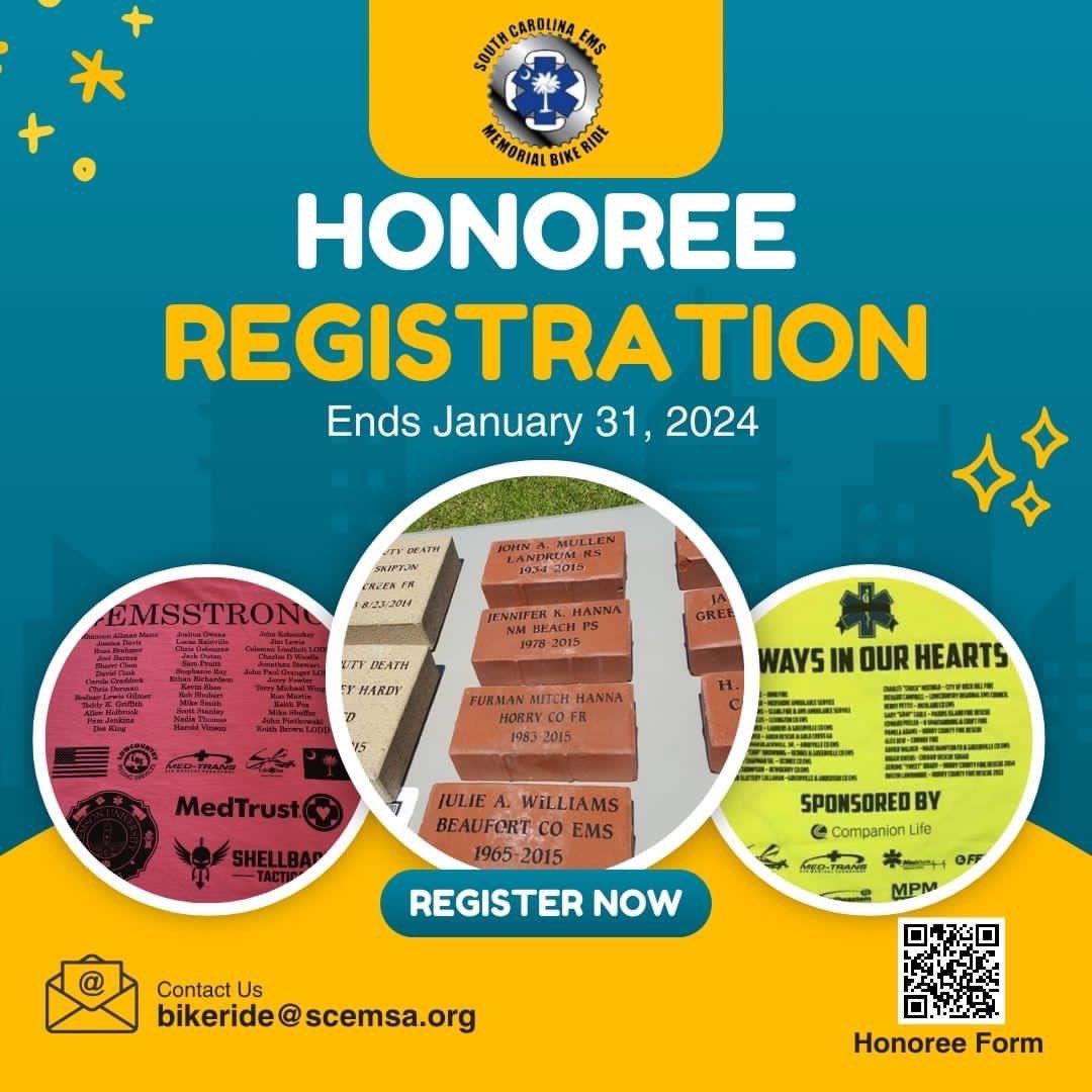 SC EMS Memorial Bike Ride (@scemsmbr) on Twitter photo The registration deadline to honor those who passed between Jan 1 & Dec 31, 2023, is fast approaching. Please go to form.jotform.com/231496861484164 & complete the form so that we may honor them on this year's bike ride. Questions - bikeride@scemsa.org #scemsmbr #scemsmbr2024 The registration deadline to honor those who passed between Jan 1 & Dec 31, 2023, is fast approaching. Please go to form.jotform.com/231496861484164 & complete the form so that we may honor them on this year's bike ride. Questions - bikeride@scemsa.org #scemsmbr #scemsmbr2024