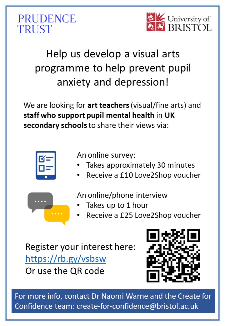We are still looking for secondary school art teachers + staff who support student mental health to take part in our study - Survey (30 mins): £10 voucher - Interview (1 hour): £25 voucher Register interest: rb.gy/vsbsw #edutwitter @NAHTnews @NSEAD1 @twinklresources