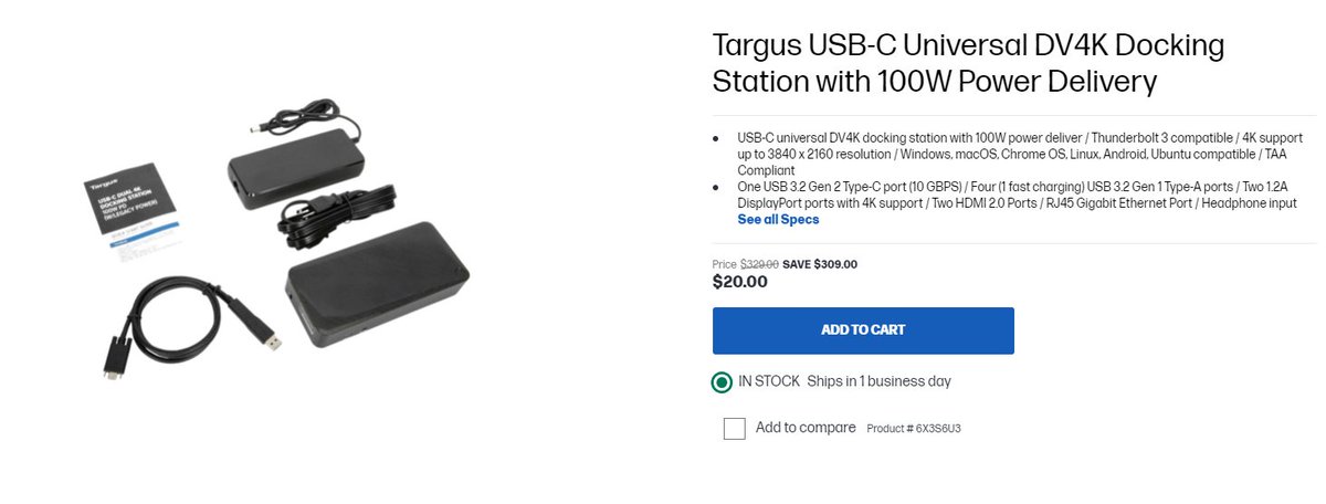 Wario64's tweet photo. Targus USB-C Universal DV4K Docking Station with 100W Power Delivery is $20 at HP https://t.co/wMrccUdJUC https://t.co/2xjsyWwl31