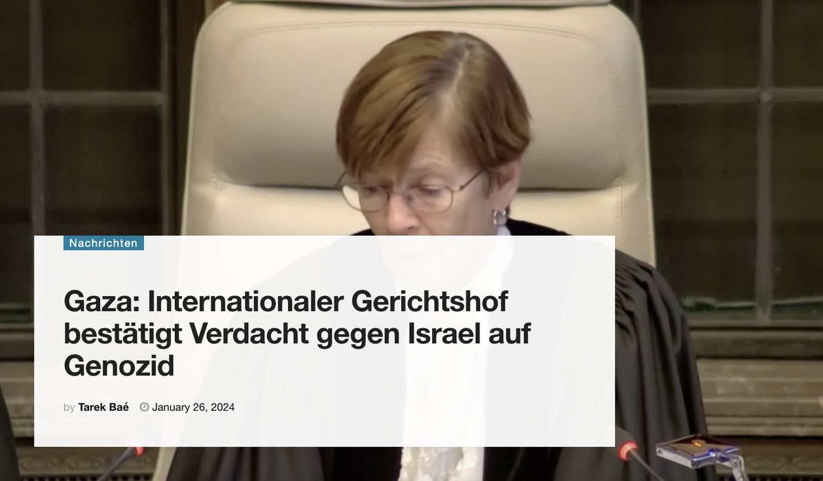 Tarek_Bae's tweet photo. Ein historischer Tag. Der Internationale Gerichtshof (IGH) hat dem Antrag Südafrikas zugestimmt und seinen Beschluss verkündet: 
- Der IGH habe Zuständigkeit, Israels Verteidigung wurde zurückgewiesen
- Der Verdacht, Israel begehe einen Genozid/Völkermord, wurde bestätigt. Israels Verbrechen in Gaza, fielen „unter die Genozid-Konvention“
- Palästinenser seien „eine zu schützende Gruppe unter der Genozid-Konvention“
- Israels Führung habe die Absicht durch „entmenschlichende Äußerungen“ selbst ausgesprochen 
- Der Notwendigkeit des Eilantrags wird zugestimmt. Israel soll nun: Humanitäre Hilfe für Gaza zulassen und es sollen „Maßnahmen ergriffen werden, um den Völkermord im Gazastreifen zu verhindern und zu bestrafen“
Jetzt wird sich zeigen, ob Israel und seine Verbündeten, primär die USA und unsere Bundesregierung, eine regelorientierte Weltordnung achten. 
Weiter: https://t.co/8amywGnS04