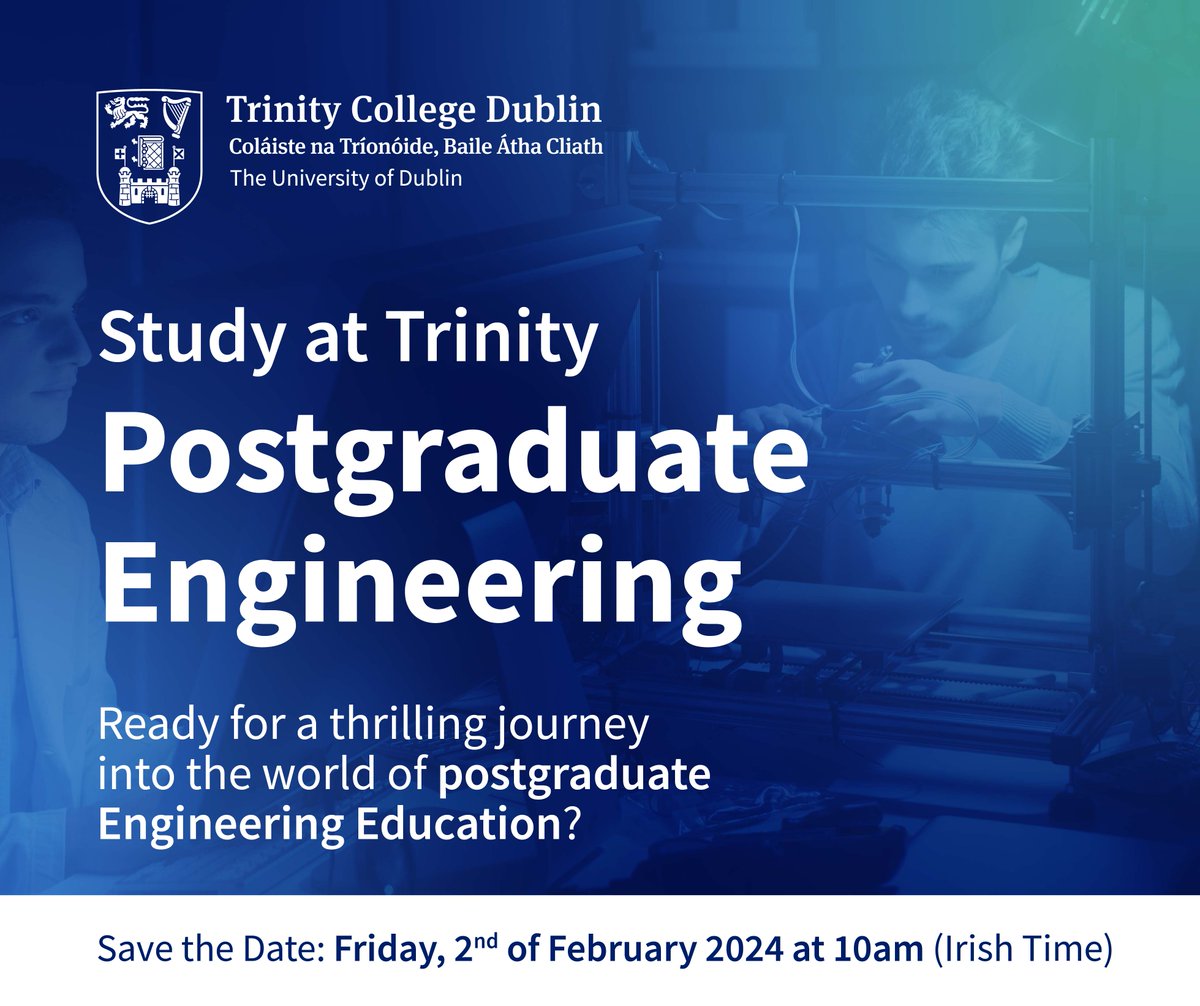 Embark on a postgraduate Engineering journey with @tcddublin. Join our webinar on Feb 2, 2024, at 10am, and dive into limitless possibilities.🌟Don't miss live discussions, expert Q&A, and insights from our students. 🔗Register here bit.ly/48I3VJ7