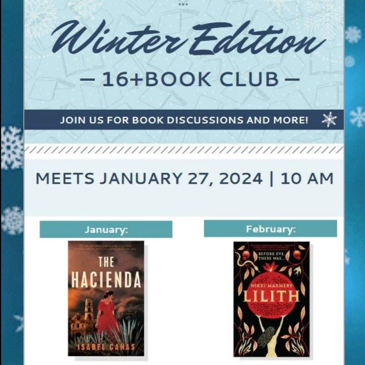 wafblibrary's tweet photo. Tomorrow Saturday January 27, 2024 at 10 AM our 16+ Book Club meets! Attendees help to pick out the upcoming books! https://t.co/k11F1uBpvV