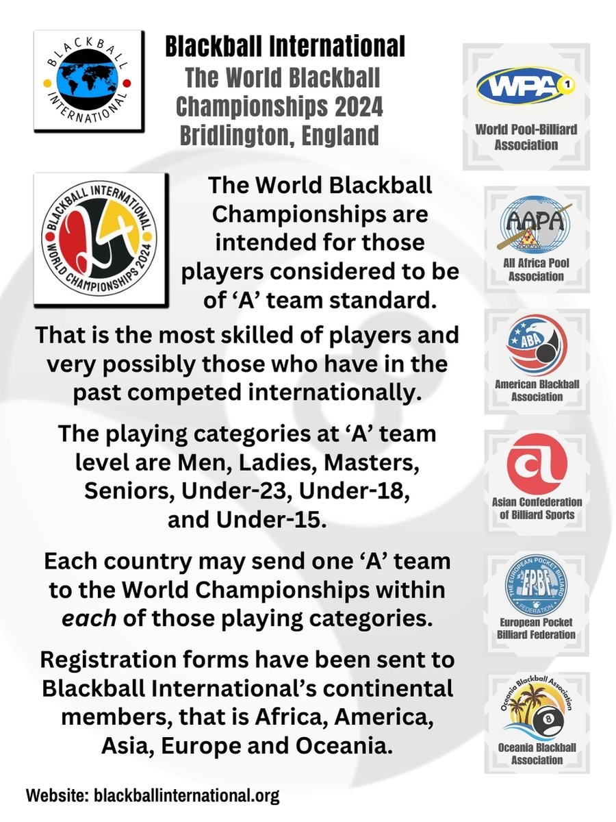 BBall_INTL's tweet image. The 2024 World Blackball Championships, Bridlington, England.
This event is intended for players of 'A' team Standard and the playing categories are as shown.
#blackballpool #blackball
#8ball #pool #Bridlington