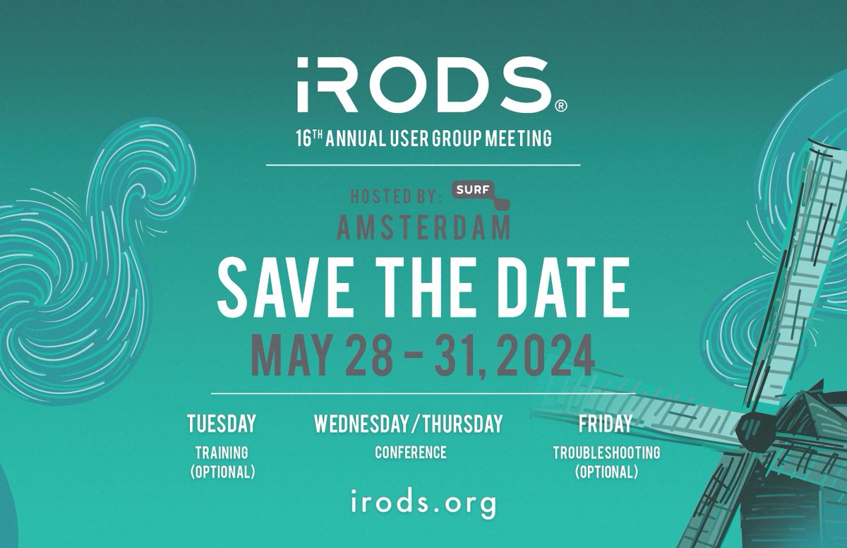 RENCI's tweet photo. Save the date for the 16th Annual @iRODS User Group Meeting! #iRODSUGM 2024 will be held May 28-31, 2024  in Amsterdam, NL + will be hosted by 
@SURF_NL. This is your chance to connect with the worldwide #iRODS user community. https://t.co/ivWZhWx3aI