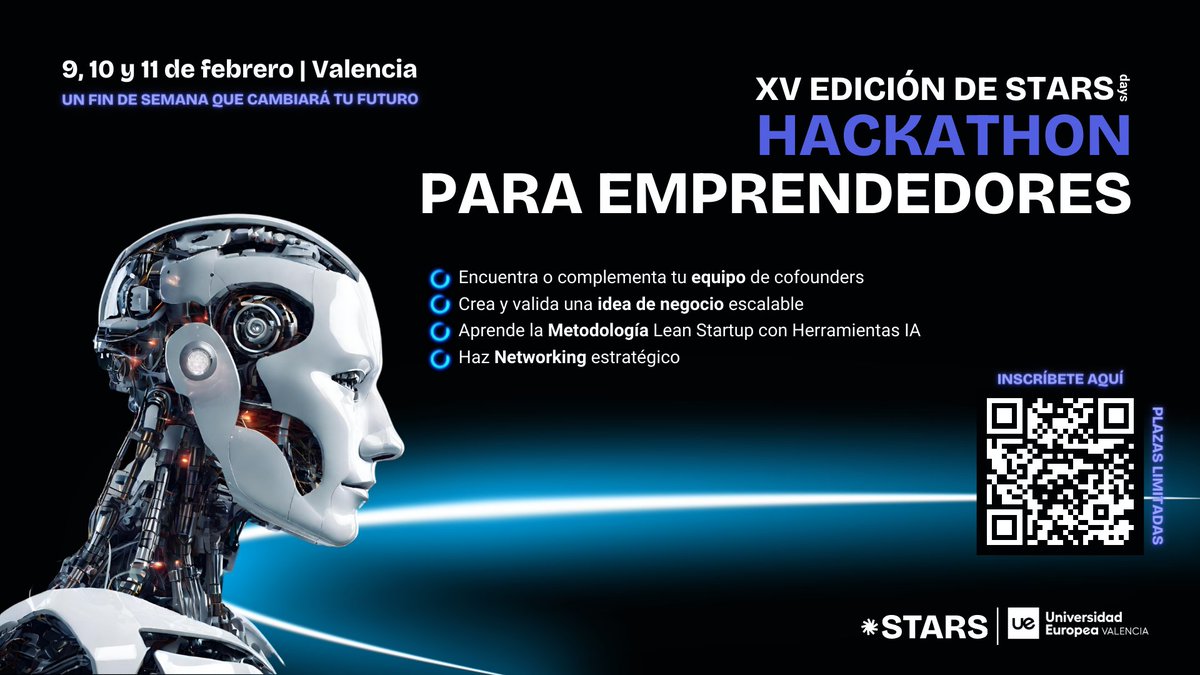 etsinfupv's tweet photo. 🟣 @StartupsStar te invita a participar en la XV edición de los #starsday, un #Hackathon que seleccionará al mejor talento emprendedor. ¡Ampliarás tus conocimientos en Inteligencia Artificial! 🧠🦾
📅 9, 10 y 11 de febrero
📍@UEValencia, Edificio Turia
🔗 https://t.co/ibd3IfBRoj https://t.co/vp3MlB7jGq