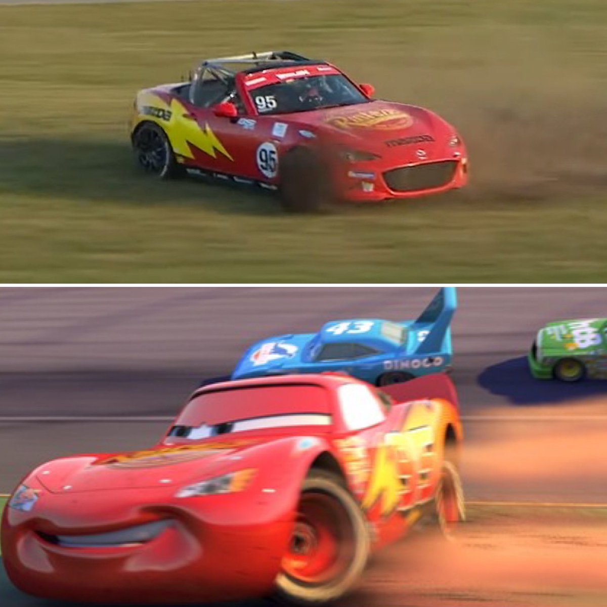 NASCARonUSA's tweet photo. Turn right to go left?

The Lightning McQueen car recreated this moment from “Cars” in the Mazda MX-5 Cup race at Daytona. #Rolex24 https://t.co/5r6QuTQgCs