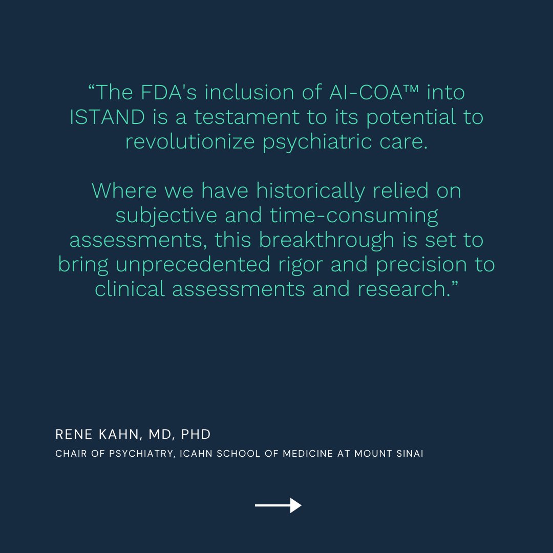 Our @FDA Milestone! @Deliberate_ai  AI-COA™ is part of ISTAND, Breaking New Ground in AI and Mental Health!  bit.ly/3S6cZjC

#DigitalHealth #HealthTech #Medtech #Multimodal #AI #PharmaInnovation #ClinicalTrials #Depression #Anxiety #AIEthics #AIinHealthcare