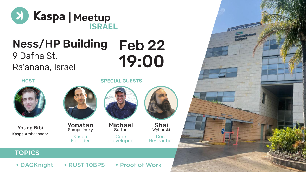🎉A historic event is coming.  
Thanks to our #kaspaAmbassador for Israel, <a href="/KASHODLER/">Hadar</a>, there will be a gathering of the #Kaspa core team (<a href="/hashdag/">Yonatan Sompolinsky</a>, @MichaelSuttonIL &amp; <a href="/DesheShai/">Shai ❤️ Deshe 💜 Wyborski 💙 (大胡子) @ deshe.kas</a>  for a discussion on #Rust, #DAGKnight &amp; #ProofofWork. It will be recorded and published.

For those