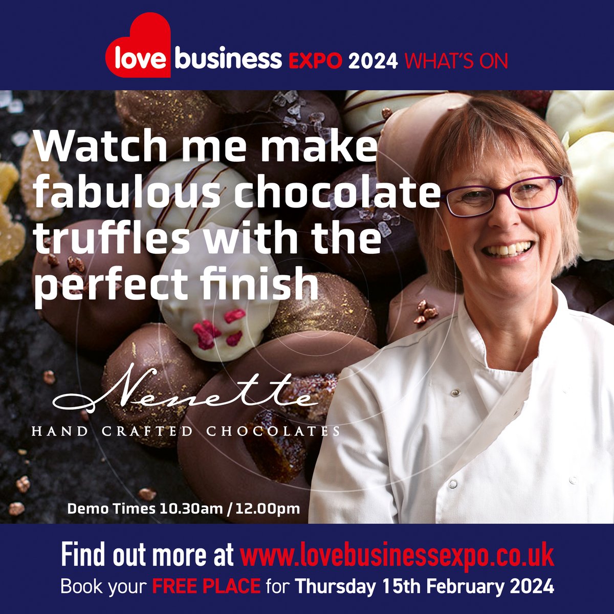 Watch Nenette make fabulous hand crafted chocolate truffles with the perfect finish at Love Business EXPO 2024 on Thursday, February 15th at Holywell Park Conference Centre in Loughborough. Book your FREE delegate ticket for Love Business EXPO 2024. lovebusinessexpo.co.uk