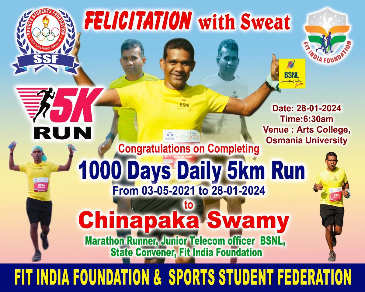 RSPraveenSwaero's tweet photo. Damn impressed with your #NeverGiveUp attitude, Swamy. As a head of @FitInFoundation you are leading all of us by living as example. 
As a swaero, you are walking the talk🙏

I shall sweat it out in your honour on 28th Jan as you cross prestigious milestone of 1000th day of  5 Km run/day(without break)
All fitness freaks, come let’s honour Swamy by joining him at least for 100 meters on his 1000th day!🙏