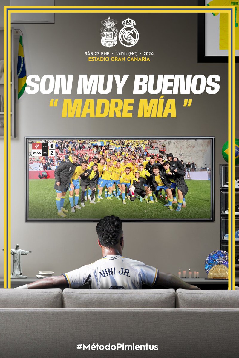 👋🏽 ¡Buenos días, afición! 

Hoy hay 𝐩𝐚𝐫𝐭𝐢𝐝𝐚𝐳𝐨 en el Gran Canaria y las grandes estrellas juegan de amarillo 😉 ¡𝐒𝐢𝐞𝐦𝐩𝐫𝐞 UD Las Palmas, vamos con todo! 🔥

#LasPalmasRealMadrid #MétodoPimientus 
#LaUniónHaceLasPalmas 💛💙