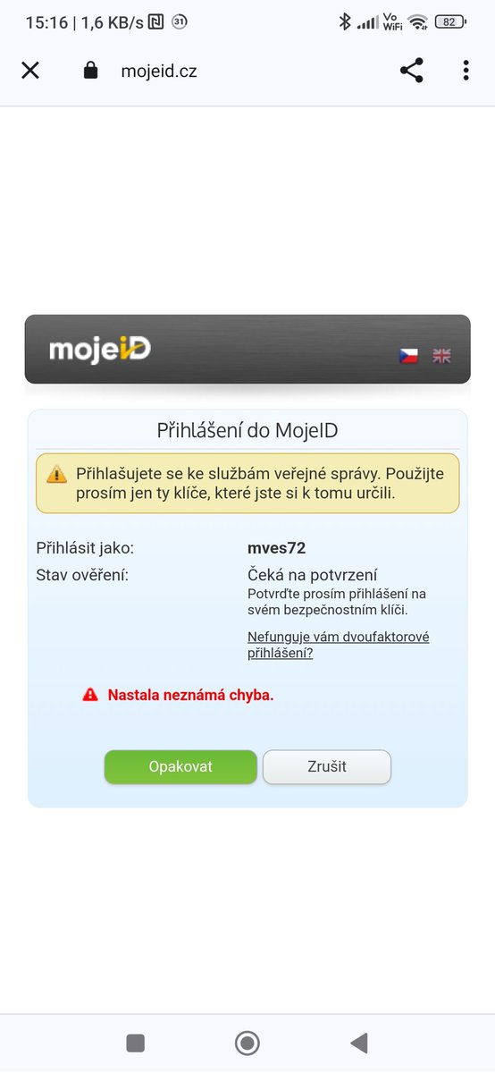 mves72's tweet photo. pokouším se přihlásit k aplikaci eDoklady přes @mojeID , a po přiložení klíče k telefonu nastane Neznámá chyba. https://t.co/L7K5iVztQA