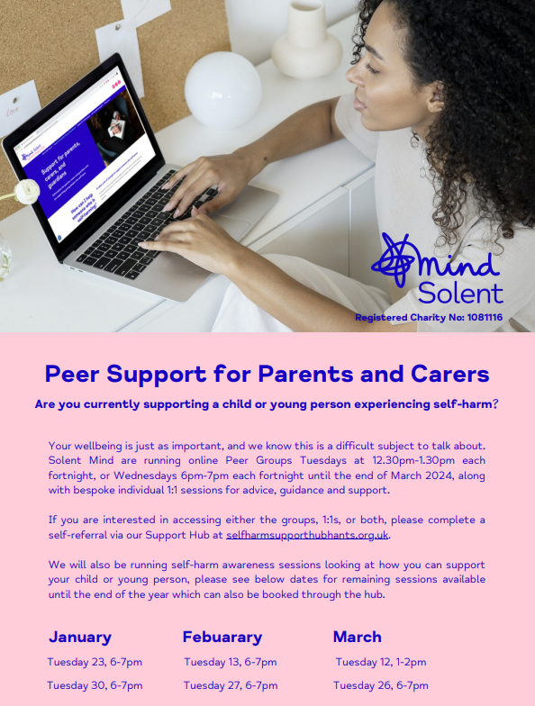 📢Peer Support Sessions for parents and carers whose children are self-harming
<a href="/SolentMind/">Solent Mind</a>  #hampshire are running online Peer Support Groups on Tuesday lunchtimes and Wednesday evenings on an alternating fortnightly basis until March - spread the word!