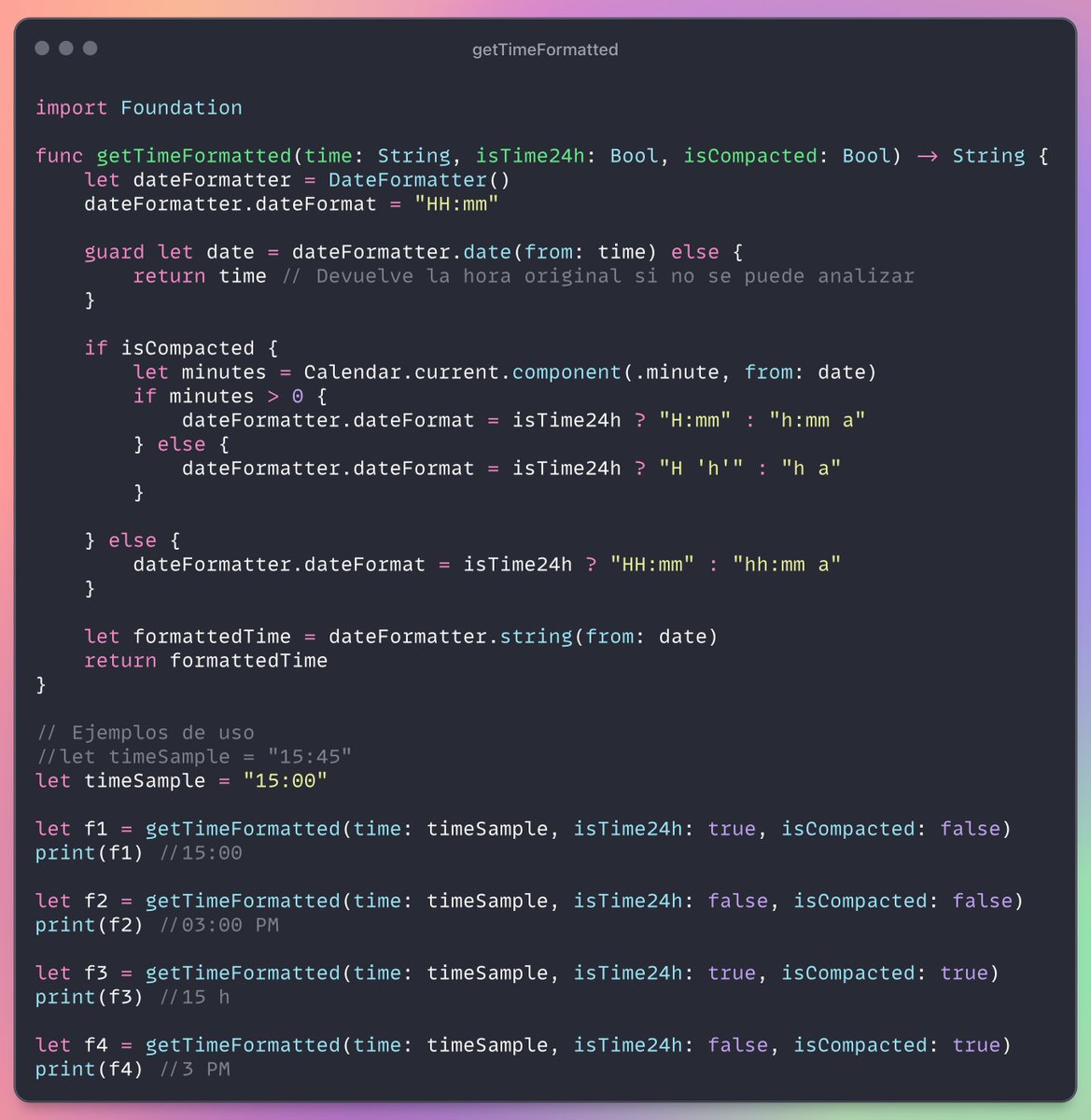 Codelaby's tweet image. Necesitas una función para compactar el formato de la hora? es decir si le pasas 07:00 te la devuelve 7 h o en el caso 12h, devuelve 7 am

#iosdev #SwiftLanguage