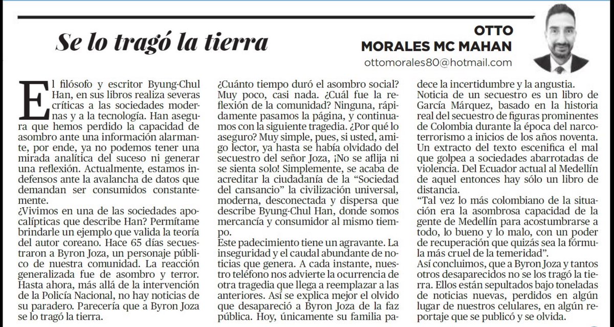 OttoMorales80's tweet photo. A Byron Joza, lo secuestraron hace 65 días, nadie sabe nada de él, y lo que es peor, a excepción de sus seres queridos, nadie lo recuerda.
Por qué olvidamos tan rápido? 
En @eldiarioec analizamos este fenómeno. 
Somos zombies adictos a la información? Veamos! https://t.co/9rHHAFxLqe