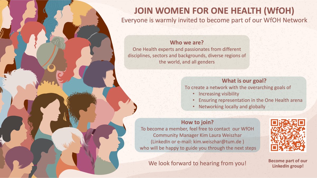 Become part of our Women for One Health (WfOH) Network now! Please reach out to our WfOH Community Manager, Kim Laura Weiszhar via LinkedIn or email (kim.weiszhar@tum.de) to find out more about the network and how you can get involved. 🌍 #onehealth #womenforonehealth